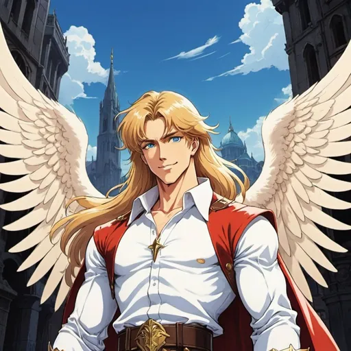 Prompt: tan skin tone, distant city background, day, man, hot, handsome, golden hair, angelic, angel wings, holy, super hero, long hair, blue eyes, fake smile, hero, wears white, detailed facial features, bright lighting, 90s anime, 80s anime, anime screencap, cartoon, 2d art, romance novel cover, anime art style, castlevania anime, beserk anime