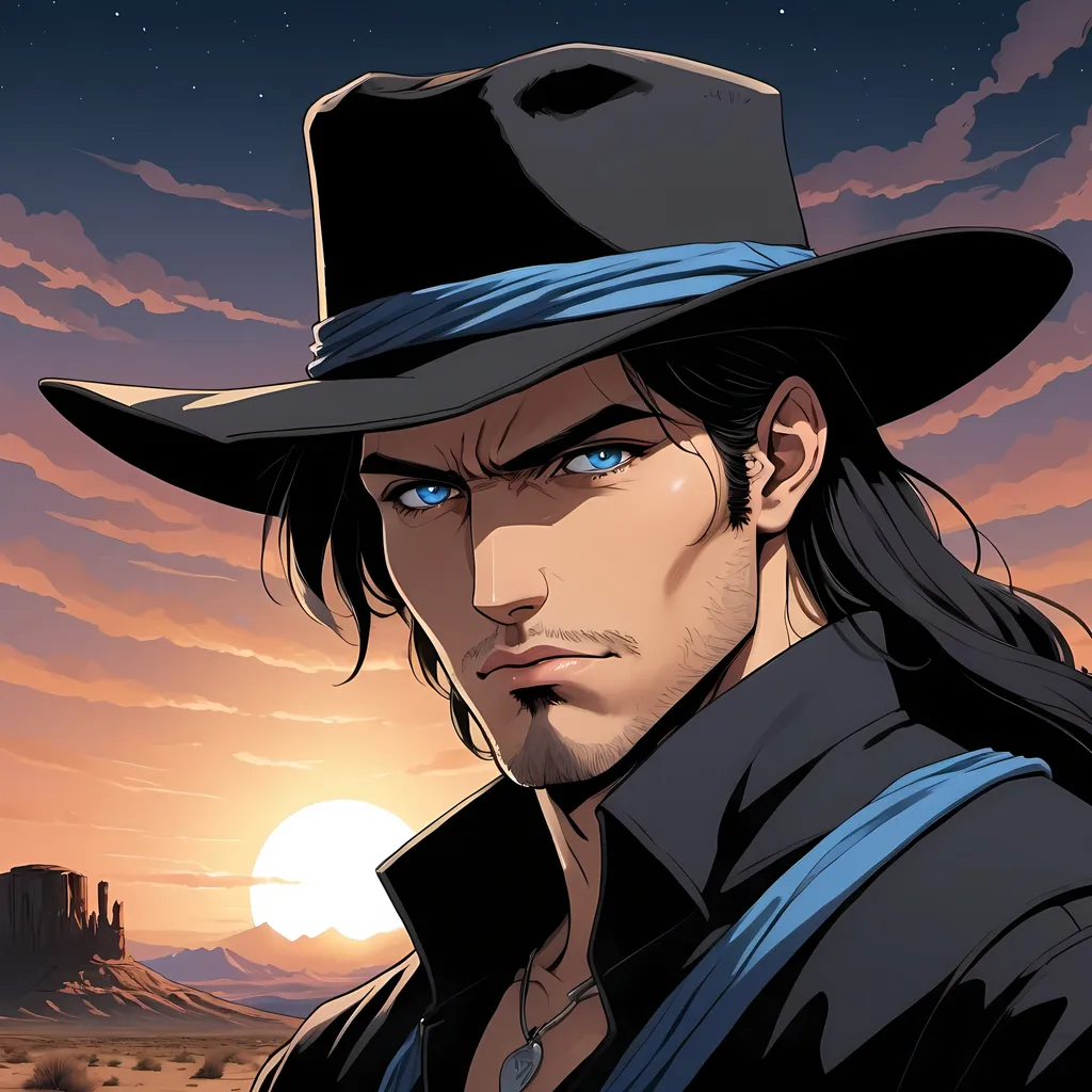 Prompt: anime, man, bandit, handsome, cowboy hat, black hair, hispanic, blue eyes, villain, evil, stubble, southern, chiseled features, long hair, rugged, western desert background, night sky, bandana, wearing all black, dramatic entrance, handsome, rugged, observant, 1800s, 2D art, illustration, detailed facial features, dramatic lighting, 90s anime, 80s anime, anime screencap, cartoon, 2d art, romance novel cover, anime art style, castlevania anime, beserk anime