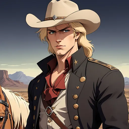 Prompt: man, cowboy, sheriff, handsome, cowboy hat, coat, blonde hair, stubble, riding a horse, southern, country boy, strong jaw, short hair, gruff, rugged, western desert background, handsome, portrait, rugged, observant, 1800s, 2D art, illustration, detailed facial features, dramatic lighting, 90s anime, 80s anime, anime screencap, cartoon, 2d art, romance novel cover, anime art style, castlevania anime, beserk anime