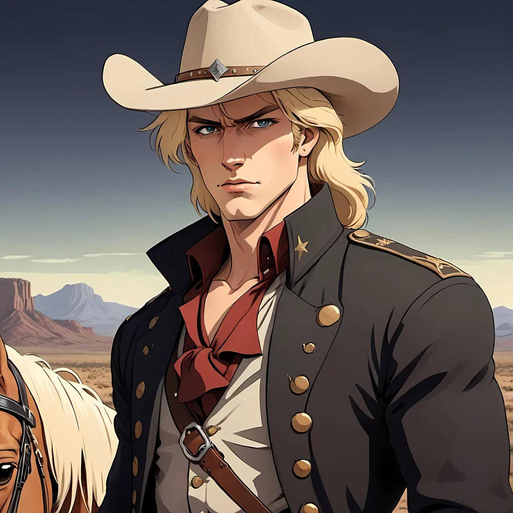 Prompt: man, cowboy, sheriff, handsome, cowboy hat, coat, blonde hair, stubble, riding a horse, southern, country boy, strong jaw, short hair, gruff, rugged, western desert background, handsome, portrait, rugged, observant, 1800s, 2D art, illustration, detailed facial features, dramatic lighting, 90s anime, 80s anime, anime screencap, cartoon, 2d art, romance novel cover, anime art style, castlevania anime, beserk anime