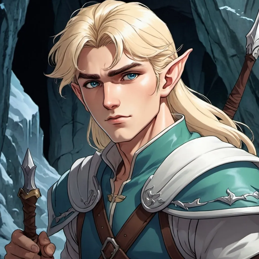 Prompt: male elf, 1 person, blonde, ranger, icy cave, archer, serios, handsome, 2D art, illustration, detailed facial features, dramatic lighting, 90s anime, 80s anime, anime screencap, cartoon, 2d art, romance novel cover, anime art style, castlevania anime, beserk anime