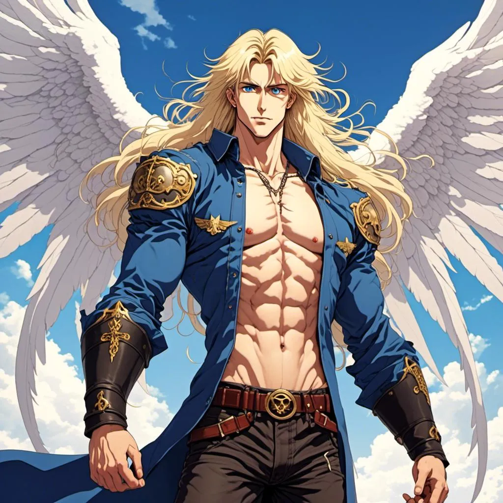 Prompt: <mymodel>angelic man, angel wings, long blonde hair, blue eyes, fair skin, super hero, celestial, blue sky, bright lighting, holy, handsome, beautiful