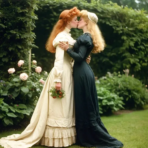 Prompt: 2 women kissing  full body franz von Byron in garden redhead and blond  belle epoque 