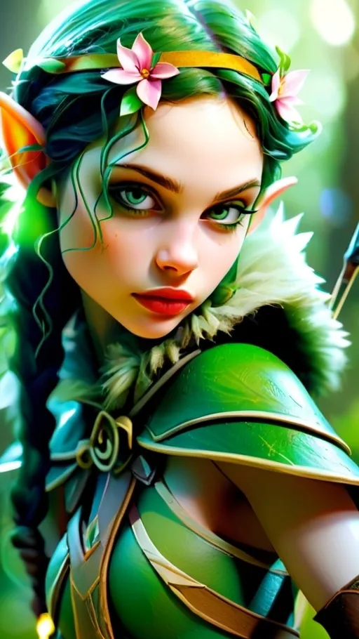 Prompt: (Elf ranger), standing poised with a bow, surrounded by an enchanting, mystical forest, dappled sunlight filtering through the lush greenery, ethereal atmosphere, vibrant hues of green intermingling with golden light, soft, serene background with whimsical flora and gentle foliage, high detail, ultra-detailed, magical ambiance, HD quality, inviting tranquility, nature's allure captivating the senses.