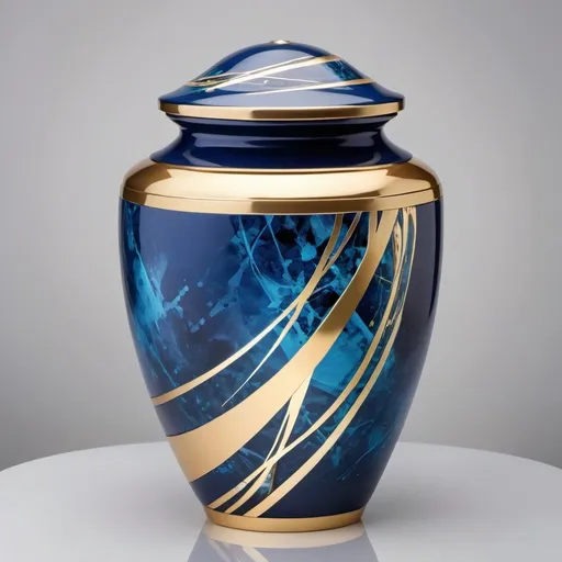 Prompt: Design a funeral urn with blue colour abstract with golden abstracts sprinkers