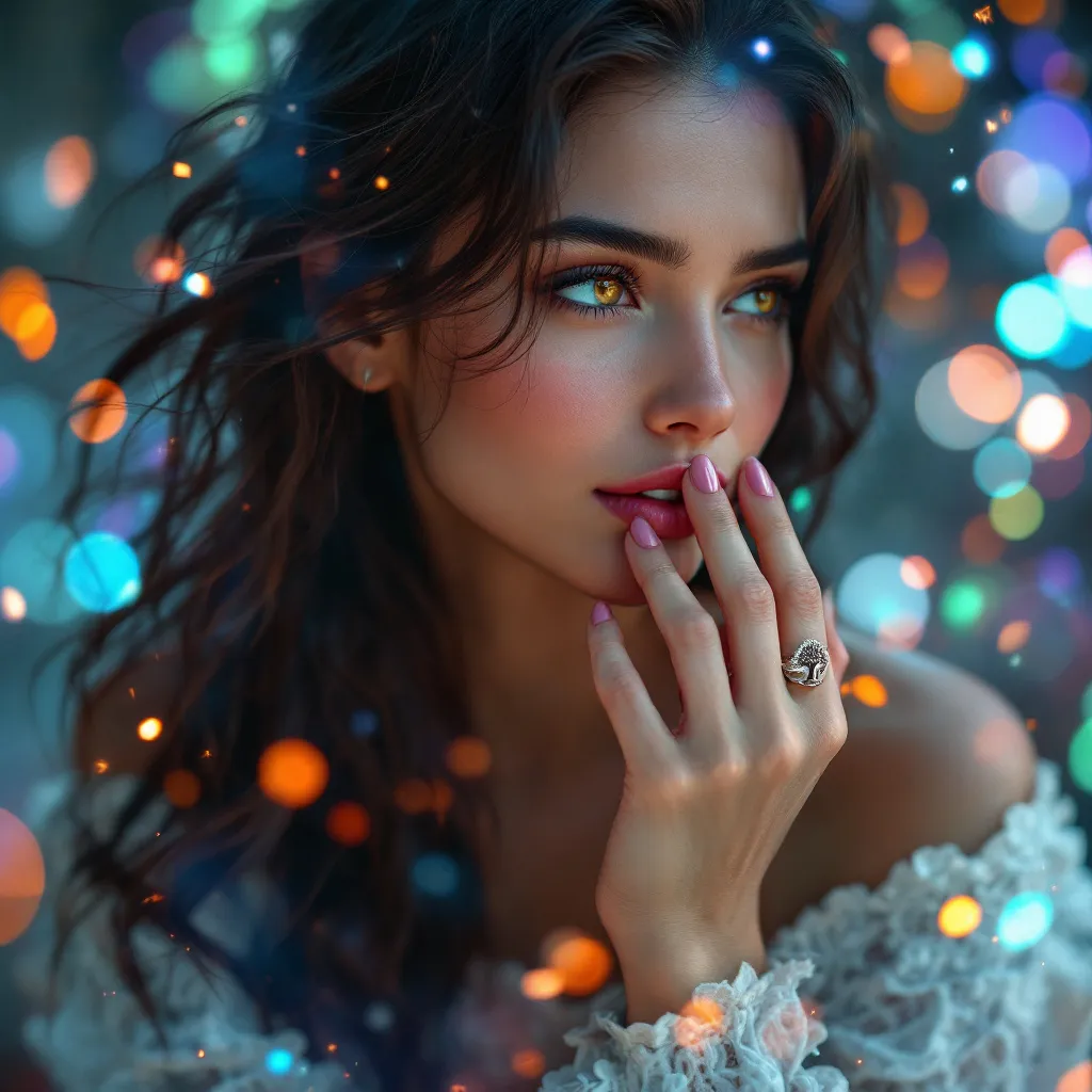 Prompt: Hola quisiera que por favor me hicieras una imagen futurista con tonos alegres como si hubiera destellos o circonitas por el aire, de una chica, guapa, con un anillo de acero con el árbol de la vida en la mano. La foto es para poner en un expositor de anillos para que luzca en las tiendas con colores vivos