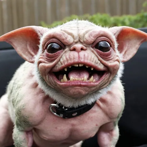 Prompt: make someone called Charlie blight he is ugly short and resembles a gremlin he is sooooo fat and he is a family pet so give him a collar that says his name of Charlie blight
