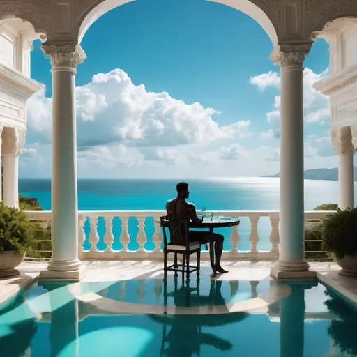 Prompt: (Completely blacked out human figure), seated at a lavish table on a sunlit balcony of a luxurious white mansion, serene ambiance, magnificent view of a massive turquoise pool, vibrant green grass extending to a rugged ocean shore, bright blue skies adorned with fluffy clouds, ethereal face of God gazing down upon the picturesque scene, detailed textures, soft lighting, high quality, cinematic atmosphere.