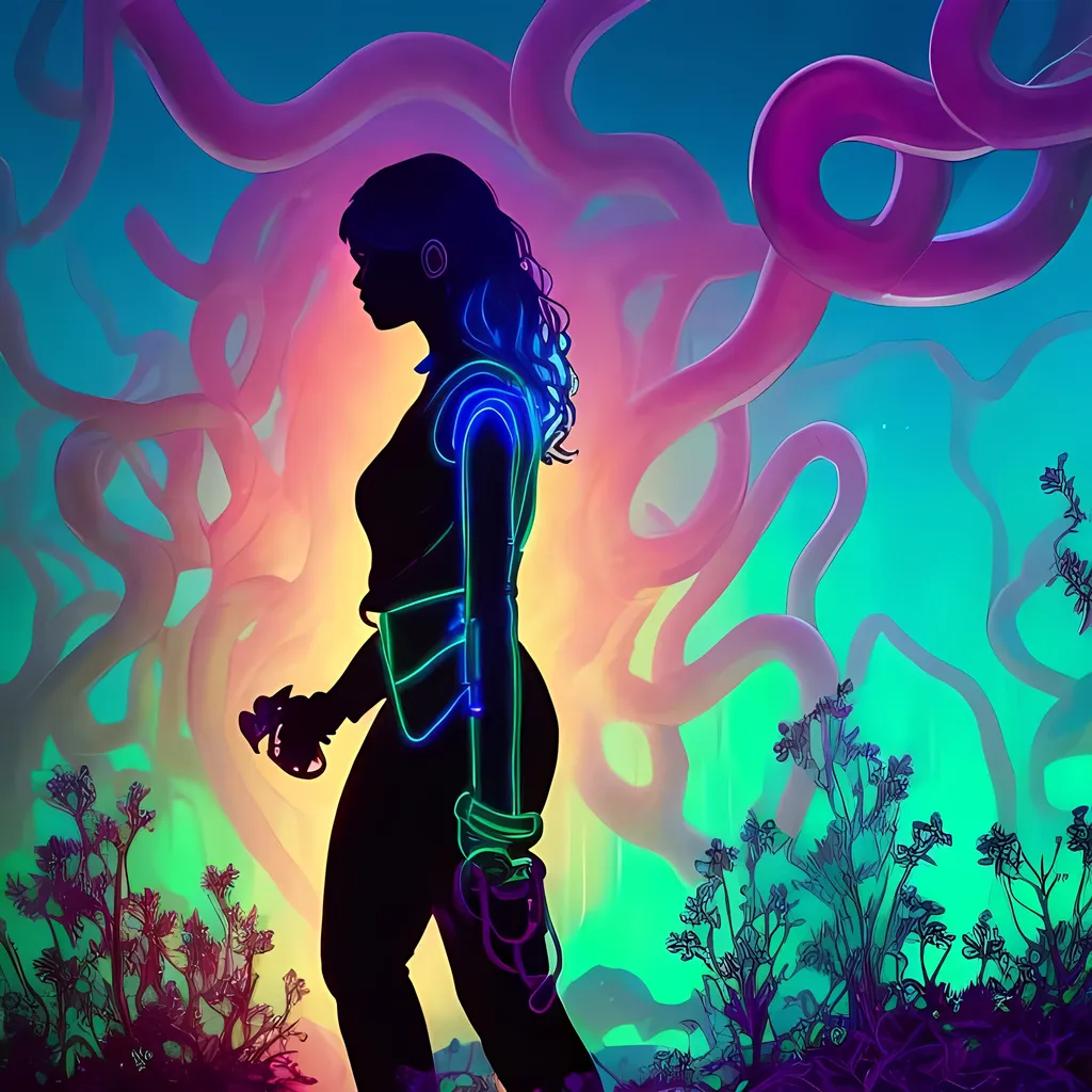 Prompt: A woman in iridescent handcuffs stands defiantly against a Waste Landscape backdrop. Bio-Luminescent Organisms illuminate her silhouette, contrasting the Chemical Spill Cyan skies alight with Energy-Scavenging Lights