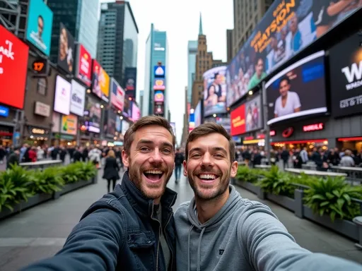 Prompt: Against the bustling backdrop of Times Square, two men take a cheerful selfie, their smiles lighting up the frame. The scene captures the vibrant energy of the iconic location, dominated by bright billboards and towering skyscrapers that stretch into the cloudy sky. Lush greenery from planters on either side creates a stark contrast with the urban landscape, while lively passersby and outdoor seating hint at the area's popularity and movement. The grey, overcast weather adds a muted yet dynamic quality to the colors in the surroundings, enhancing the cheerful mood conveyed by the men’s expressions. This image encapsulates a moment of joy amidst the vibrant chaos of one of the world’s busiest intersections.