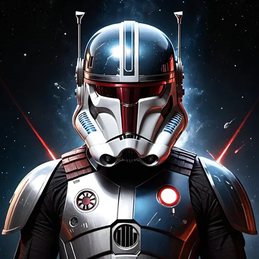 Prompt: Very cool Star Wars theme combined with a futuristic marvel character in space
