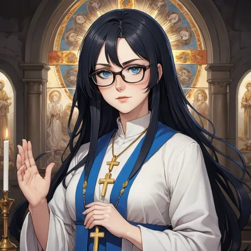 Prompt: Anime Catholic priestess with shorter layered black hair, blue eyes and glasses.