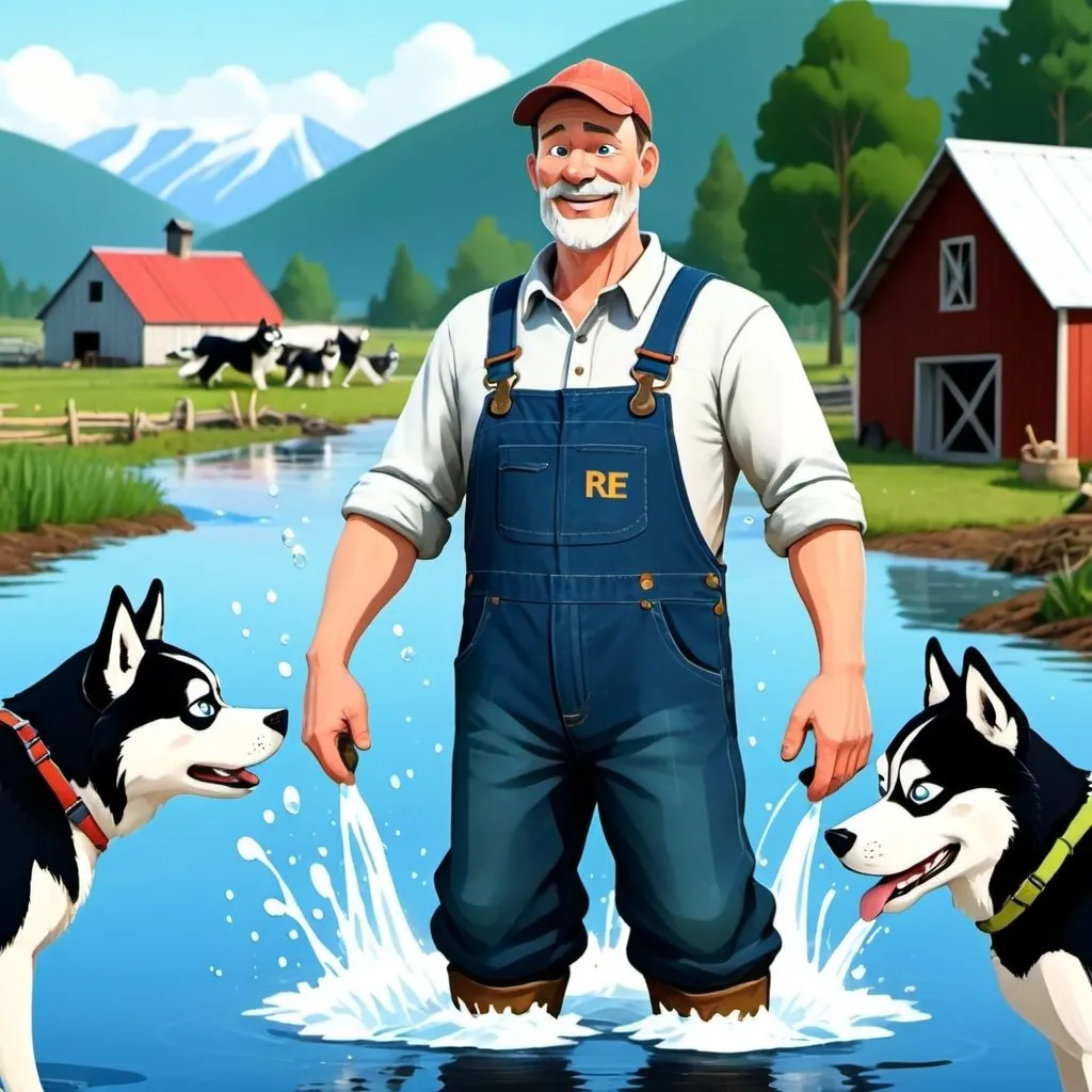 Prompt: An animated farmer that has REE on overalls in front of splashing water with huskies in the background
