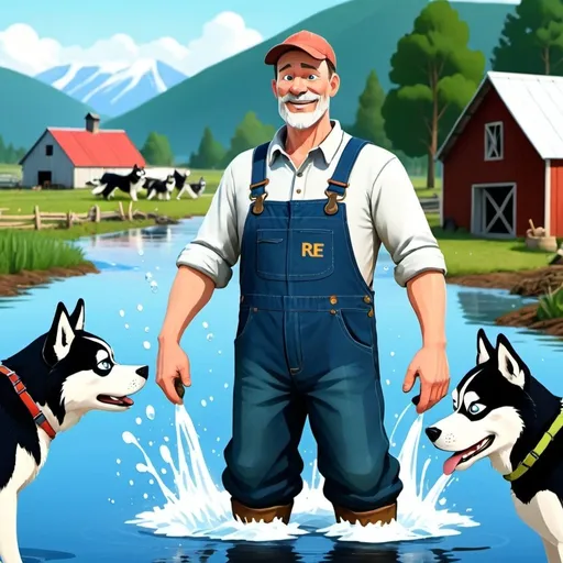 Prompt: An animated farmer that has REE on overalls in front of splashing water with huskies in the background
