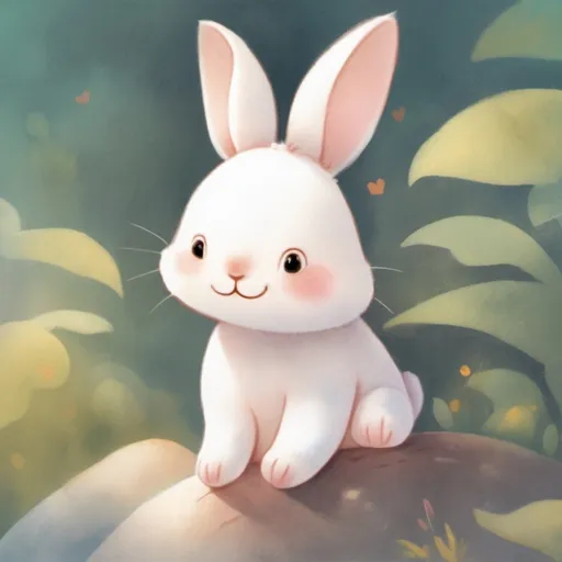 Prompt: a children's book illustration of a young white bunny with pink cheeks with a cheerful expression and young light rown bear with a happy expression