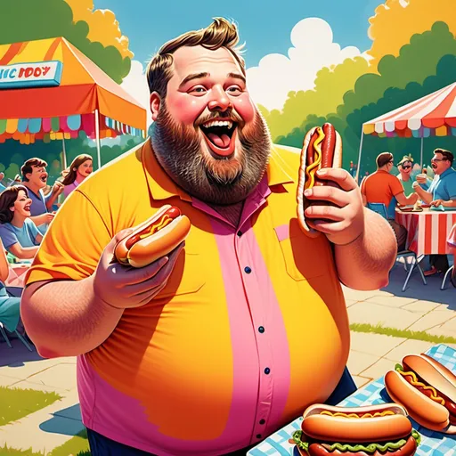 Prompt: Fun and whimsical depiction of a fat gay bearded man, joyfully indulging in a large, delicious hot dog, bold colors emphasizing a playful atmosphere, expressive facial features showcasing delight, playful background with picnic elements, vibrant and colorful setting, inviting and cheerful ambiance, high quality, ultra-detailed illustration, celebrating joyful moments and self-acceptance, <<THE_MARKER>>.