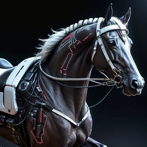 Prompt: Anime cyberpunk style, race horse without tack with white knight rider, highly detailed, HD, dark background