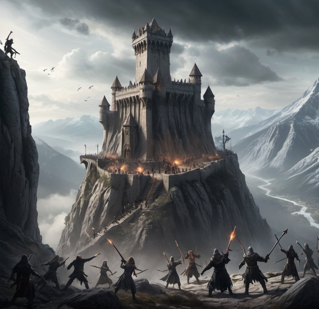 Prompt: Photo realistic, a large tower complex set into a mountain side.  An undead litch hovering in the air with magic around its outstretched hands, a group of 7 people opposing the creature with swords, bow and arrows, and axes.