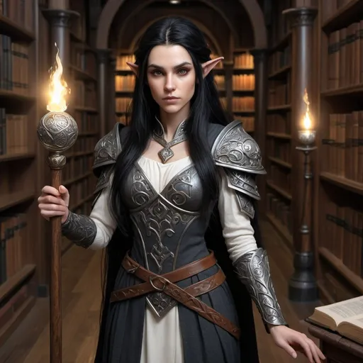 Prompt: Realistic, small female half-elf, long black hair, D&D, Cleric, holding steel ball-topped staff, library setting, detailed facial features, intricate wood details, soft lighting, high-quality, detailed eyes, professional, fantasy, realistic, elegant, mystical, library, steel ball staff, long black hair, half-elf, wood textures, soft lighting