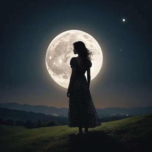 Prompt: Photo realistic, young woman in silhouette on a hill at night, huge full moon, sun dress, detailed silhouette, realistic moon, night sky, serene atmosphere, high quality, professional, detailed, realistic, moonlit, night scene, tranquil, atmospheric lighting