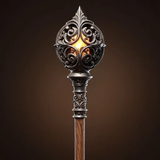 Prompt: Realistic image of a wood and iron staff, detailed wood grain texture, sturdy iron construction, torch head with intricate metalwork, high quality, realistic, detailed, wood and iron material, torch design, warm lighting, earthy tones, atmospheric, detailed metalwork, sturdy build, professional rendering