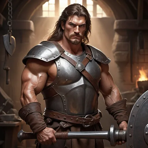Prompt: Realistic, life-like illustration of a large male blacksmith, long brown hair, holding a large war hammer and shield, detailed facial features, high quality, realistic, fantasy, detailed hair, muscular build, professional lighting, detailed chest armor and blacksmith tools, intense gaze, rugged appearance, dynamic pose, earthy tones, atmospheric lighting