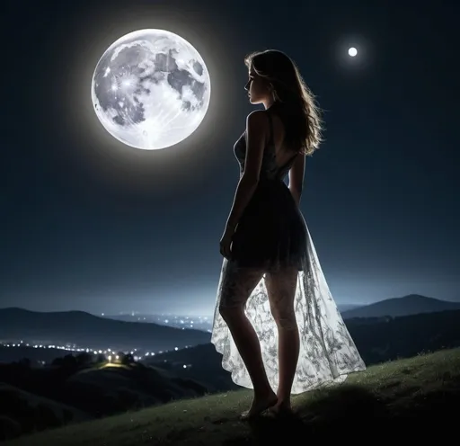 Prompt: Photo realistic, young woman in silhouette on a hill at night, huge full moon, see through dress, detailed silhouette, realistic moon, night sky, serene atmosphere, high quality, professional, detailed, realistic, moonlit, night scene, tranquil, atmospheric lighting