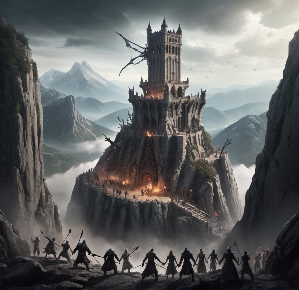 Prompt: Photo realistic, a large tower complex set into a mountain side.  An undead litch hovering in the air with magic around its outstretched hands, a group of 7 people opposing the creature with swords, bow and arrows, and axes.