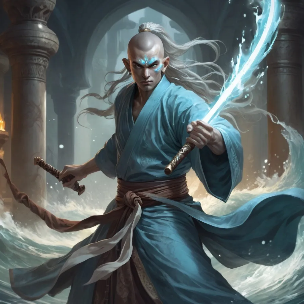 Prompt: Water Genasi Monk in Eastern-style robes, wielding 2 scimitars, flowing wave-like hair, detailed facial features, D&D 5th edition, highres, detailed, flowing hair, monastic robes, dual-wielding, holding two scimitar s, cool tones, serene lighting, professional