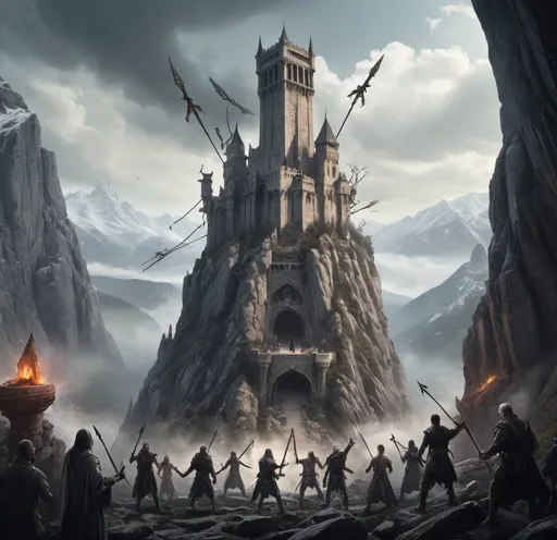 Prompt: Photo realistic, a large tower complex set into a mountain side.  An undead litch hovering in the air with magic around its outstretched hands, a group of 7 people opposing the creature with swords, bow and arrows, and axes.