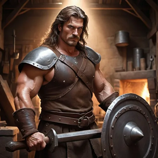 Prompt: Realistic, life-like illustration of a large male blacksmith, long brown hair, holding a large hammer and shield, detailed facial features, high quality, realistic, fantasy, detailed hair, muscular build, professional lighting, detailed chest armor and blacksmith tools, intense gaze, rugged appearance, dynamic pose, earthy tones, atmospheric lighting