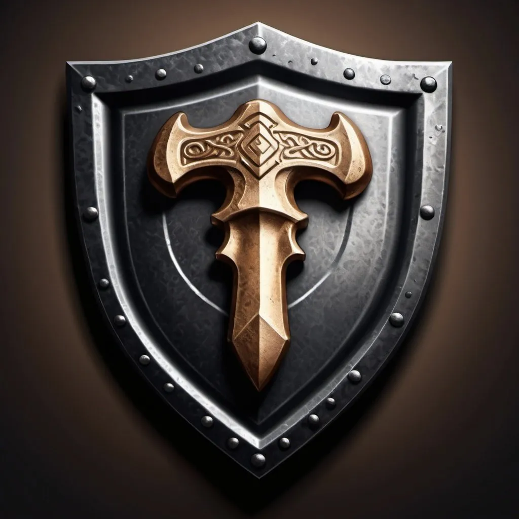 Prompt: Realistic illustration of a stout shield, resilient steel, intricate anvil-like pattern, molten metal flow, hammer and anvil symbol, high quality, detailed, realistic style, metallic tones, dramatic lighting