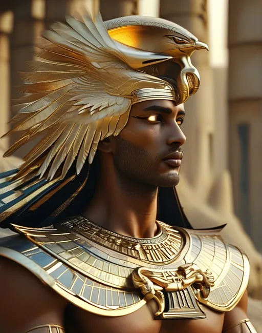Prompt: **"Ultra-photorealistic vertical portrait (9:16) of Ra, the Egyptian sun god, with the head of a falcon and a strong, muscular humanoid body. He is shown from the waist up, seated or standing calmly, gazing downward in a solemn, focused pose. His feathers are richly detailed in gold, bronze, and dark copper tones, layered like armor across his shoulders and back. He wears an ornate golden pectoral plate with ancient Egyptian carvings, covering his chest and hanging over his torso with fine chains and a central pendant.

Ra’s hands are gently cupped in front of him, holding a radiant, glowing orb of golden solar energy. The light from the orb casts a warm, divine glow on his chest and lower face. His beak is sharp and strong, eyes glowing faintly with white or golden power. The background is softly blurred with sandstone architecture and temple columns, emphasizing the god’s stillness and majesty.

Extreme detail in feathers, gold textures, glowing energy, anatomy, and lighting. Egyptian mythology, cinematic divine power, 8K ultra-realism."**
