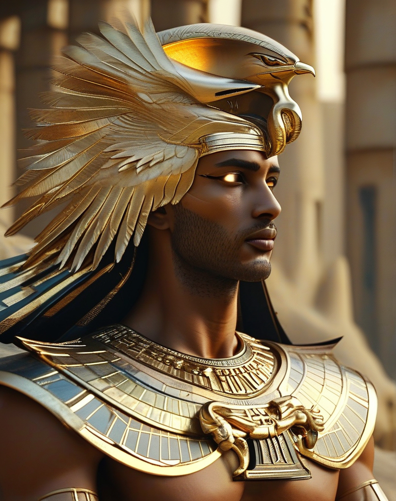 Prompt: **"Ultra-photorealistic vertical portrait (9:16) of Ra, the Egyptian sun god, with the head of a falcon and a strong, muscular humanoid body. He is shown from the waist up, seated or standing calmly, gazing downward in a solemn, focused pose. His feathers are richly detailed in gold, bronze, and dark copper tones, layered like armor across his shoulders and back. He wears an ornate golden pectoral plate with ancient Egyptian carvings, covering his chest and hanging over his torso with fine chains and a central pendant.

Ra’s hands are gently cupped in front of him, holding a radiant, glowing orb of golden solar energy. The light from the orb casts a warm, divine glow on his chest and lower face. His beak is sharp and strong, eyes glowing faintly with white or golden power. The background is softly blurred with sandstone architecture and temple columns, emphasizing the god’s stillness and majesty.

Extreme detail in feathers, gold textures, glowing energy, anatomy, and lighting. Egyptian mythology, cinematic divine power, 8K ultra-realism."**
