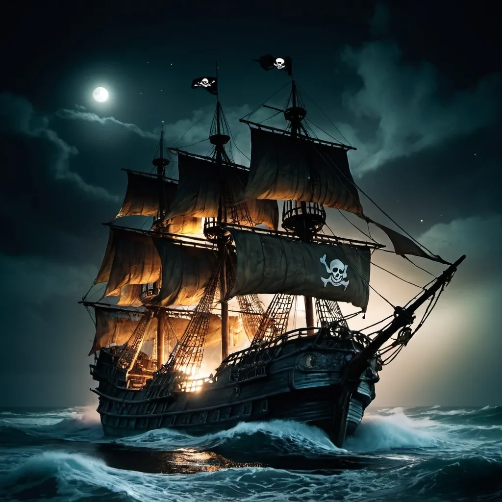 Prompt: Pirate ship at night 
 in rough seas
