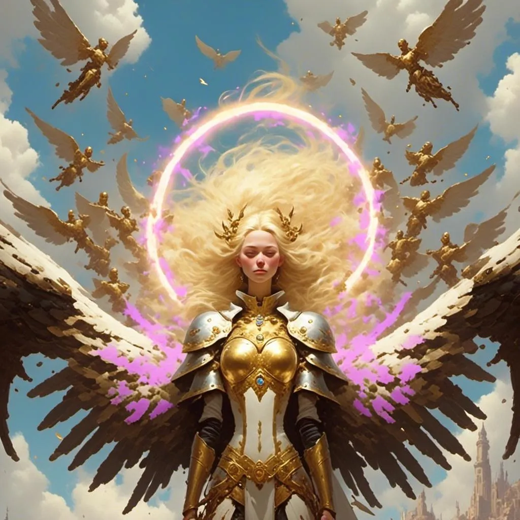 Prompt: <mymodel> Create and female angel with 6 wings wearing a golden armor, holding a golden sword and shield flying in a golden bright sky with other angels with wings flying in the back ground