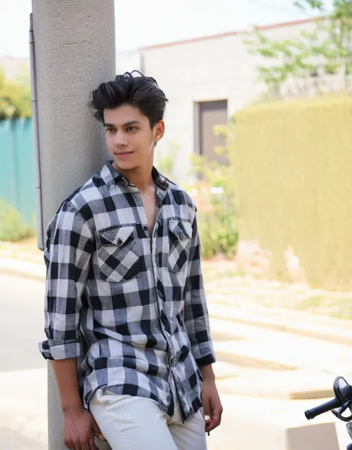 Prompt: A young man sits casually on a motorcycle, clad in a black and white checkered shirt paired with light-colored trousers. He has a confident expression, accentuated by a slight smile and styled hair that adds to his youthful vibe. The background features a textured stone wall, partially obscured by a corrugated rooftop, suggesting an outdoor setting in a suburban area under bright, natural light. The composition focuses on the individual, with the motorcycle serving as a stylish accessory, hinting at a sense of freedom and adventure while evoking an energetic and relaxed atmosphere. The overall color scheme is vibrant yet balanced, capturing a moment of casual confidence and individuality.