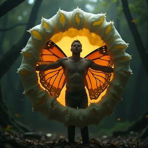 Prompt: A man emerging from a chrysalis like a monarch butterfly