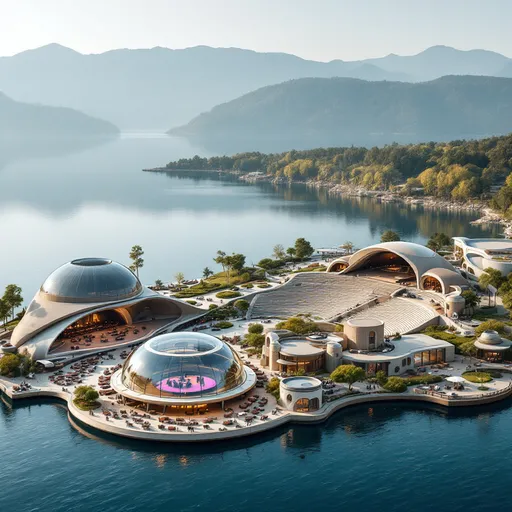 Prompt: Translate a performance venue with a floating performance space facing the lake, and a performance venue with a mix of performance seats and buildings.
