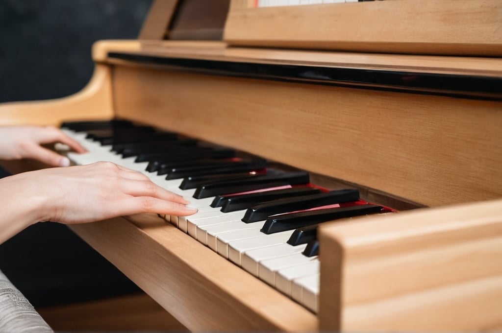 Prompt: hand of woman playing piano in loft room and wooden block car and a cup of coffee on a piano