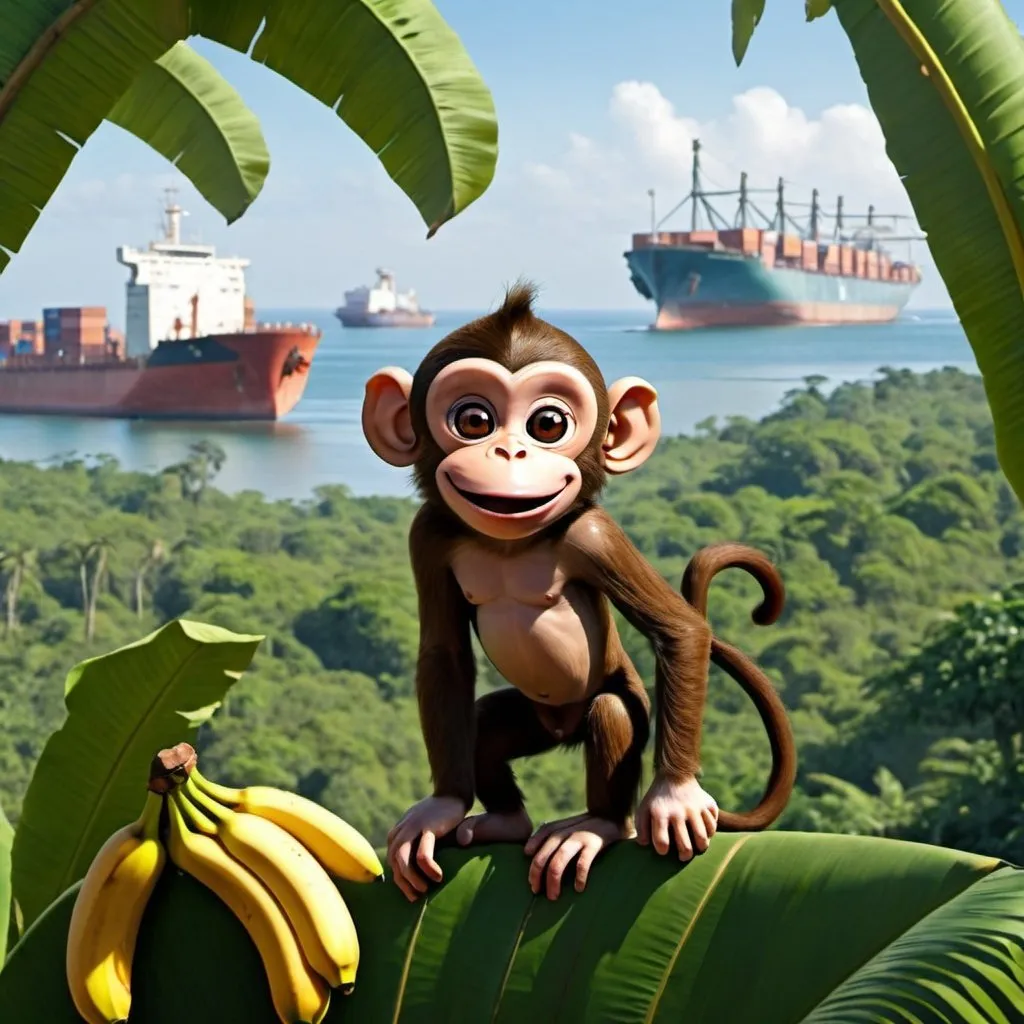 Prompt: A happy monkey in the jungle of Africa. In the horizon he can spot a large ship at port, about to transfer bananas. 