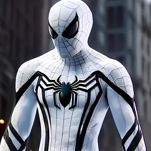 Prompt: white Spider-Man suit with big black spider in the front , realistic