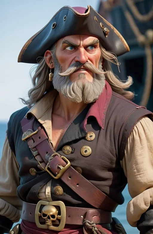 Prompt: A stocky, middle-aged pirate with a powerful, broad-shouldered build and a confident stance. He is bald with a long, thick gray beard that flows from his face down to the middle of his chest. The beard is full and well-maintained, slightly darker near the cheeks and gradually lightening toward the ends. His mustache is attached to the beard and frames his mouth with a rugged, weathered charm. His facial features are strong and sun-worn, with deep-set eyes, thick eyebrows, and a slight scowl that hints at years spent at sea. He wears a faded crimson pirate coat with brass buttons, worn edges, and rolled cuffs. Underneath, a beige linen shirt is open at the collar, revealing the top of his chest beneath the long beard. A wide dark leather belt with a large brass skull buckle wraps around his waist, holding a curved cutlass at his hip. He wears dark trousers tucked into worn black pirate boots with buckles. He stands with authority, one hand resting on his belt or weapon, exuding the bold, gritty charisma of a legendary pirate.