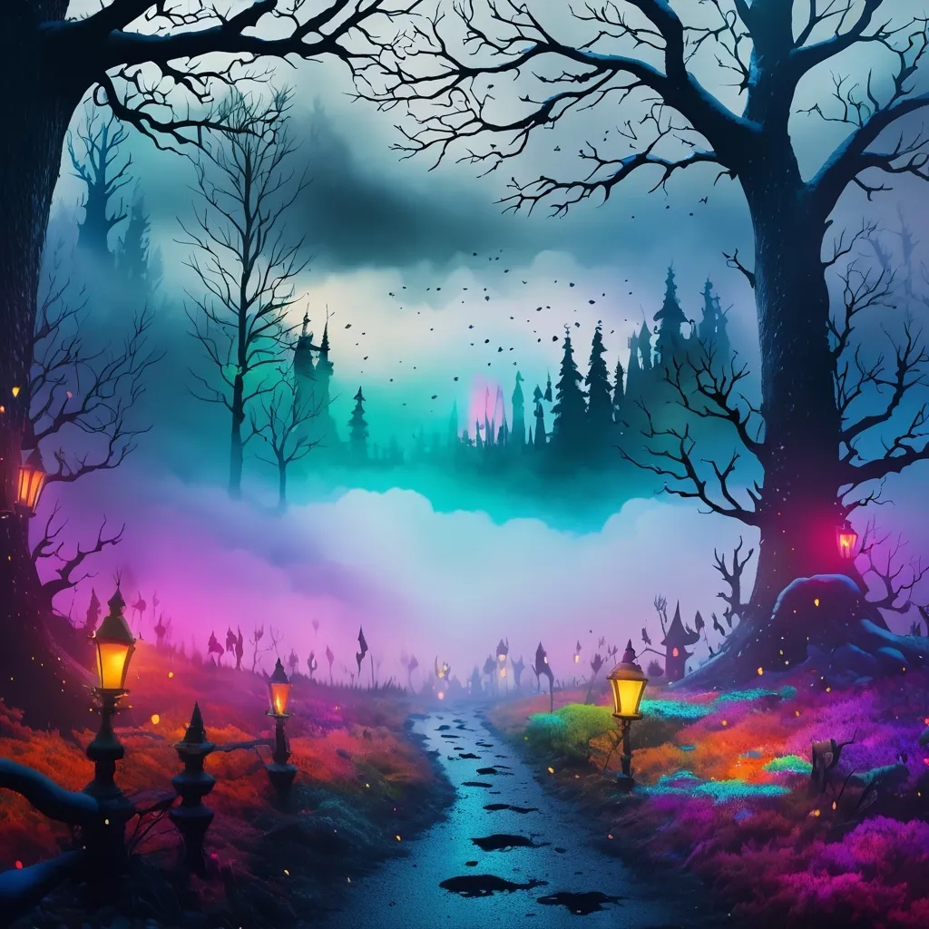 Prompt: Beautiful colorful image. frightened people look at the beautiful snowy forest. dark clouds and mist covered the forest.
The image should be colorful and saturated, suitable for a children's story.High quality 4K