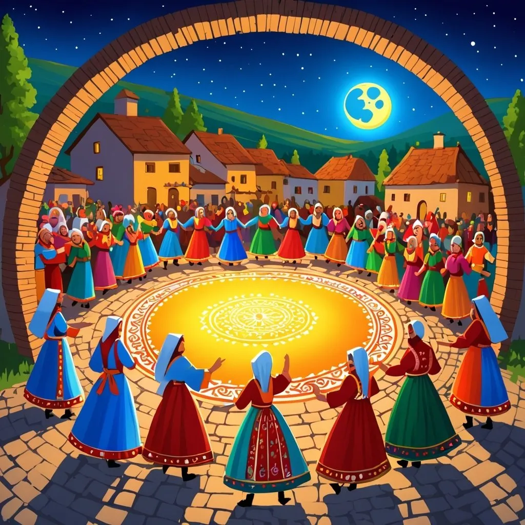 Prompt: the moon illuminates the village. people dressed in Bulgarian costumes dance and step on a circle of ardor.
The magical image. to be colorful and saturated.