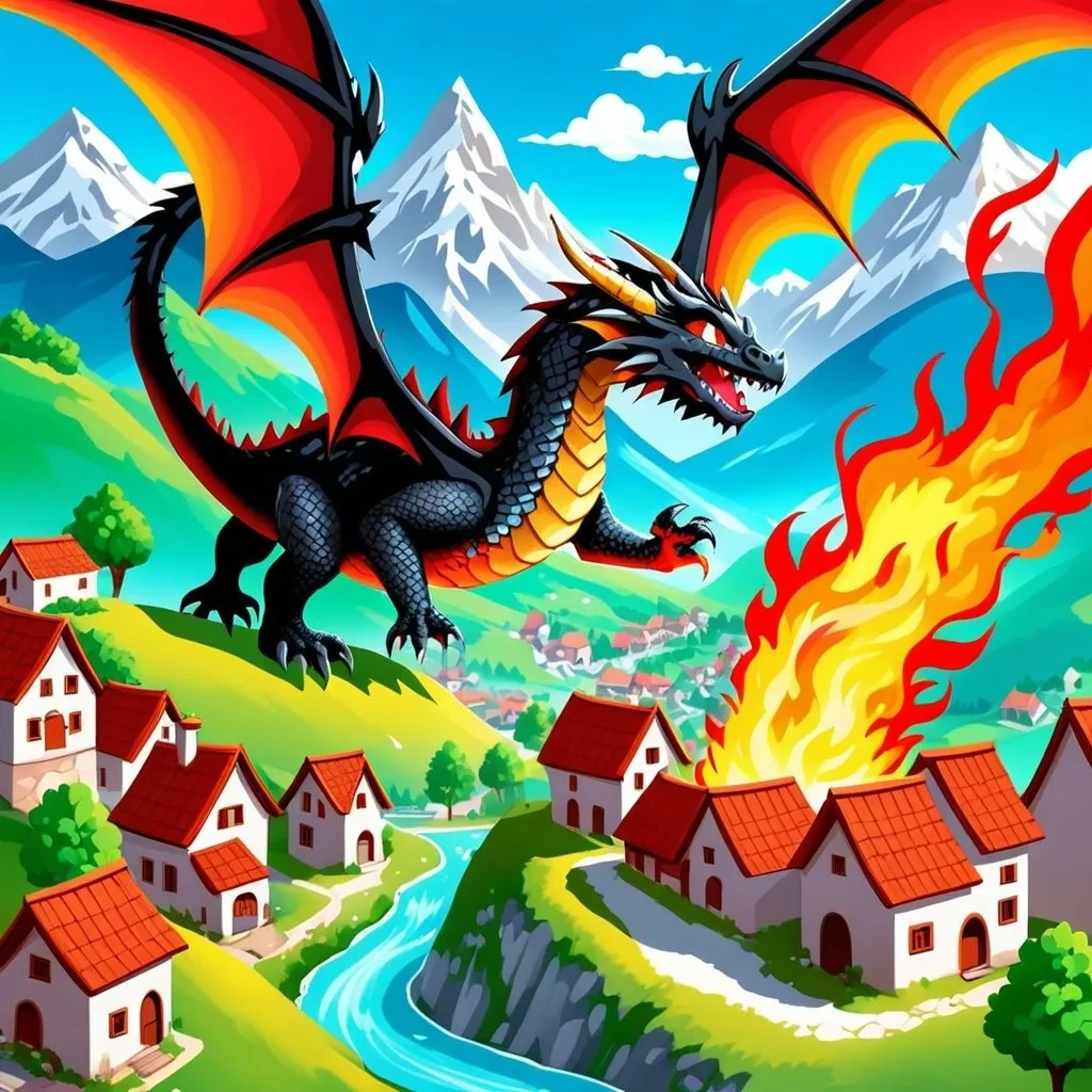 Prompt: a small beautiful village at the foot of the mountain. a dragon with black scales and red eyes, spitting fire over the village. magical image. to be colorful and saturated. suitable for a children's story