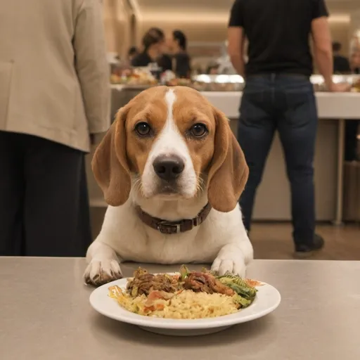 Prompt: A beagle eating at a international buffet