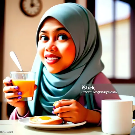 Prompt: A smilling  woman eating breakfast in the morning, with cute hijab and glasses