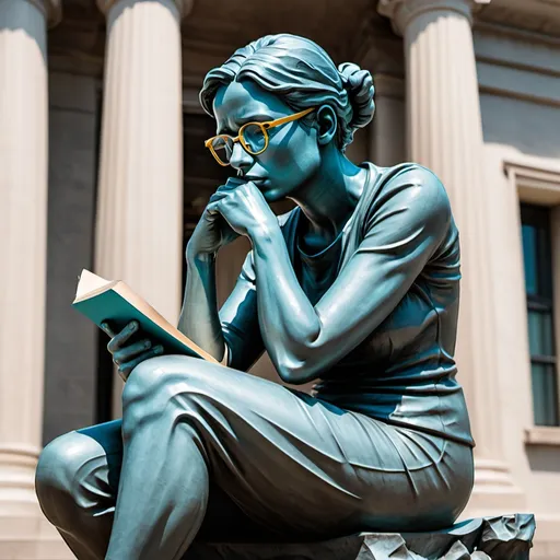 Prompt: A woman with glasses is sitting like the Thinker statue. She is writing something.