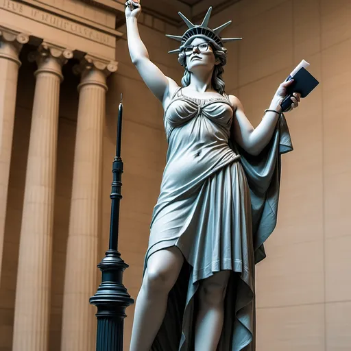 Prompt: A woman wearing glasses is standing like the statue of freedom with a pen in her right hand.